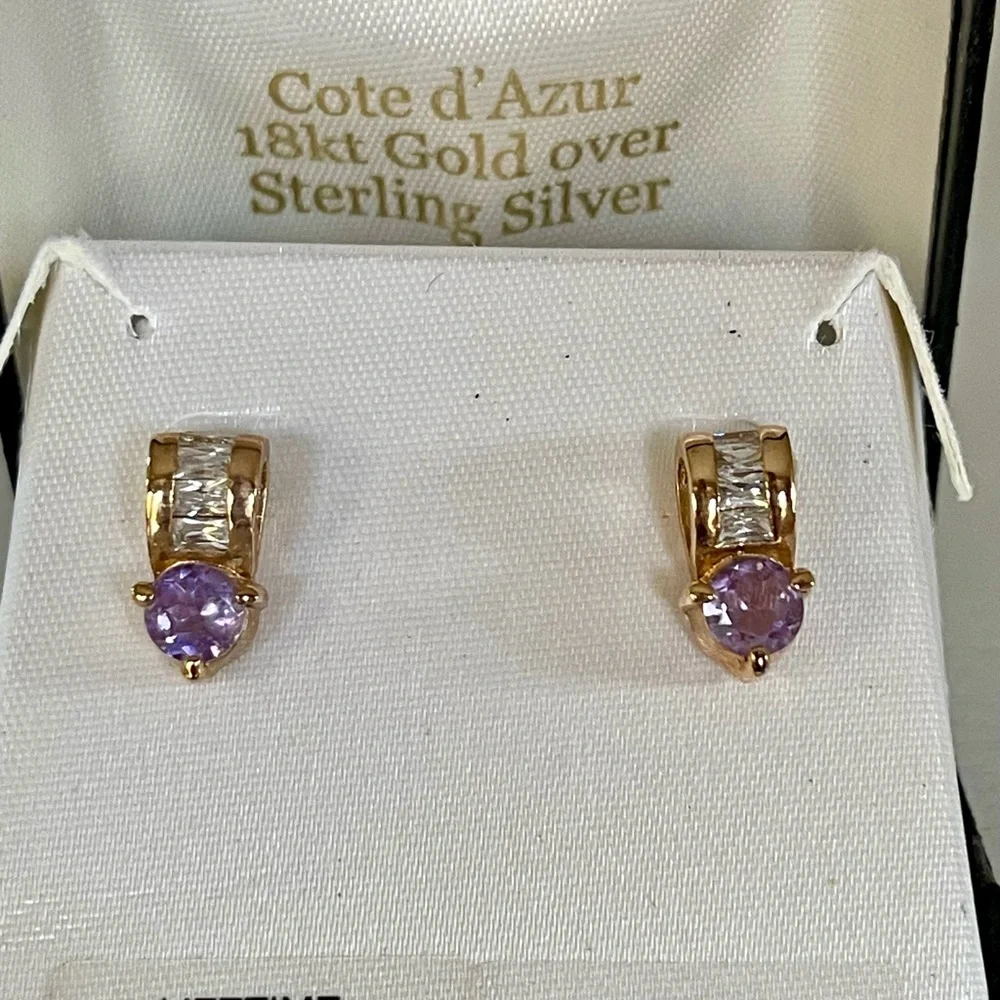 18K Gold Amethyst Earrings over Sterling Silver with Diamond Baguette CZ Stones